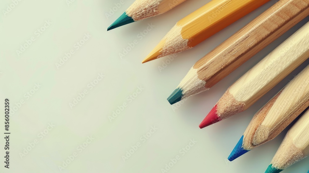 Colorful wooden pencils on white slide background with circular space Colorful wooden pencils on white slide background with circular space