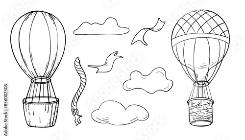 Set of hot air balloons black and white vector illustration isolated. Balloon silhouette with clouds and a ribbon. Retro airship simple coloring. Black contour vintage air transport, rope hand drawn