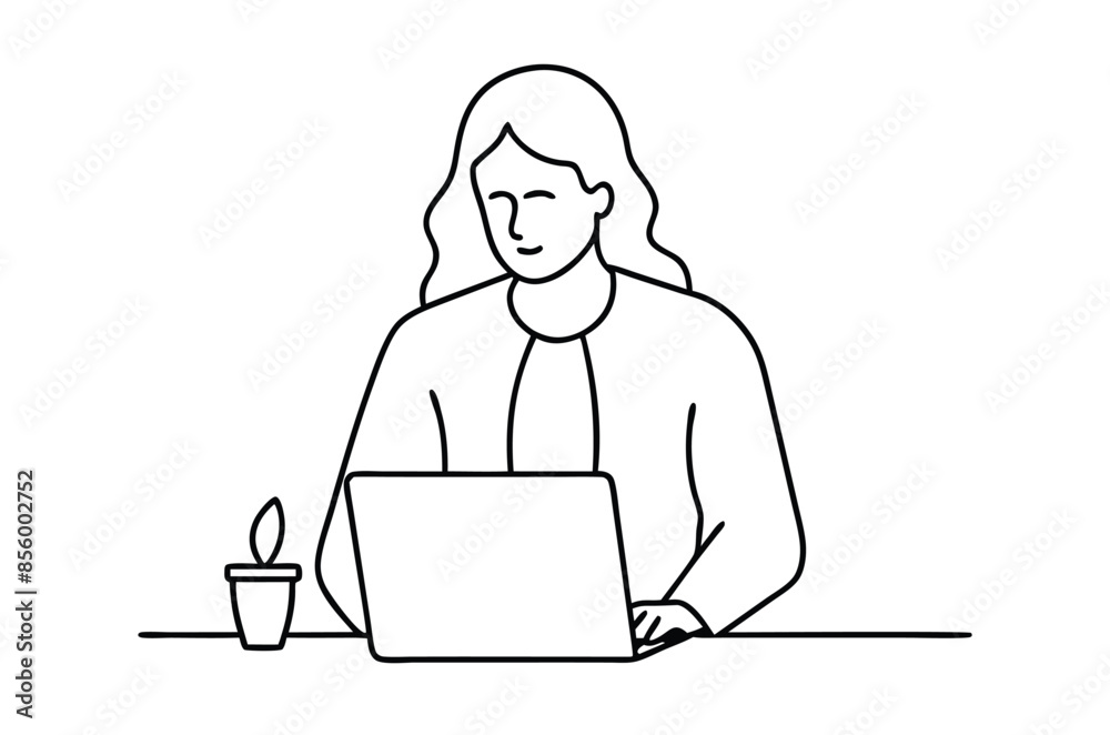 Woman using laptop computer, Vector drawing of woman with laptop continuous line art Woman using laptop computer, Vector drawing of woman with laptop continuous line art