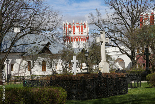 Novodevichy convent in spring. Moscow. Russia. April, 2024. Crosses on the graves. photo