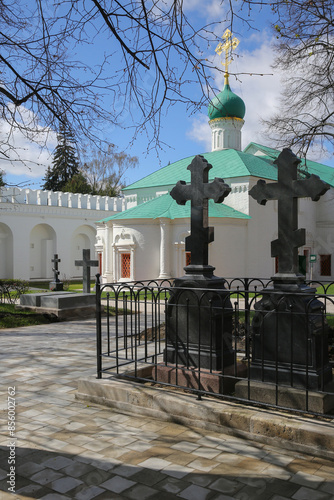 Novodevichy convent in spring. Moscow. Russia. April, 2024. Crosses on the graves. photo
