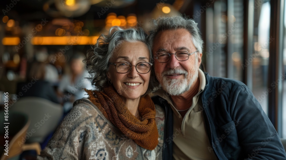 Smiling Senior Couple Enjoying a Cozy Cafe Moment. Happy elderly couple with gray hair and glasses, warmly embracing each other in a cozy cafe, enjoying their time together. Smiling Senior Couple Enjoying a Cozy Cafe Moment. Happy elderly couple with gray hair and glasses, warmly embracing each other in a cozy cafe, enjoying their time together.