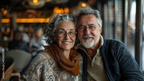 Smiling Senior Couple Enjoying a Cozy Cafe Moment. Happy elderly couple with gray hair and glasses, warmly embracing each other in a cozy cafe, enjoying their time together.