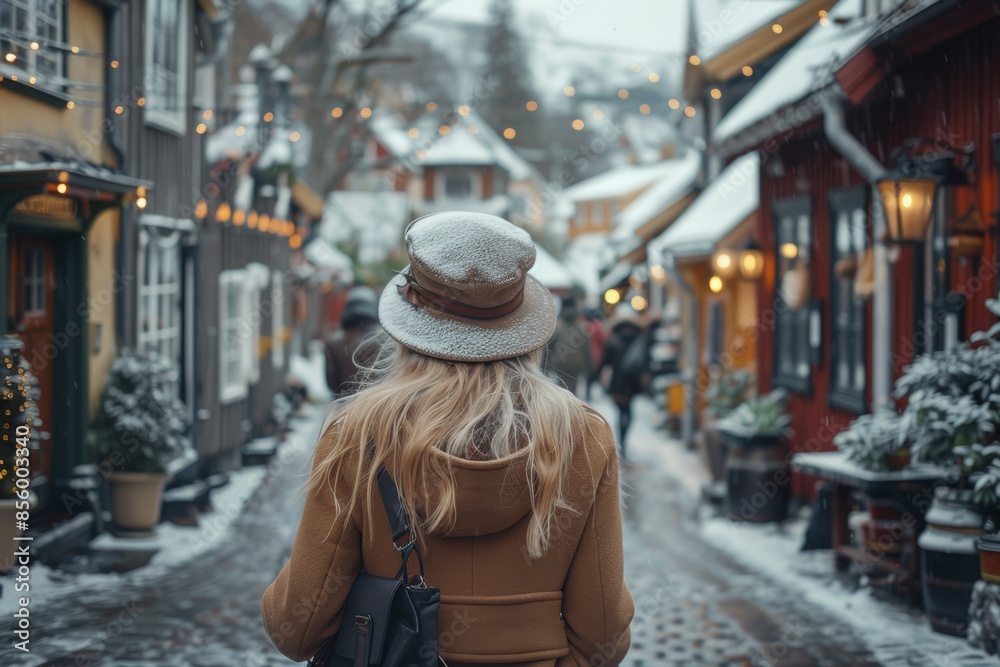Scandinavian woman in a fashionable coat, browsing local shops in a quaint Nordic village, Scandinavian travel, shopping adventure. Scandinavian woman in a fashionable coat, browsing local shops in a quaint Nordic village, Scandinavian travel, shopping adventure.