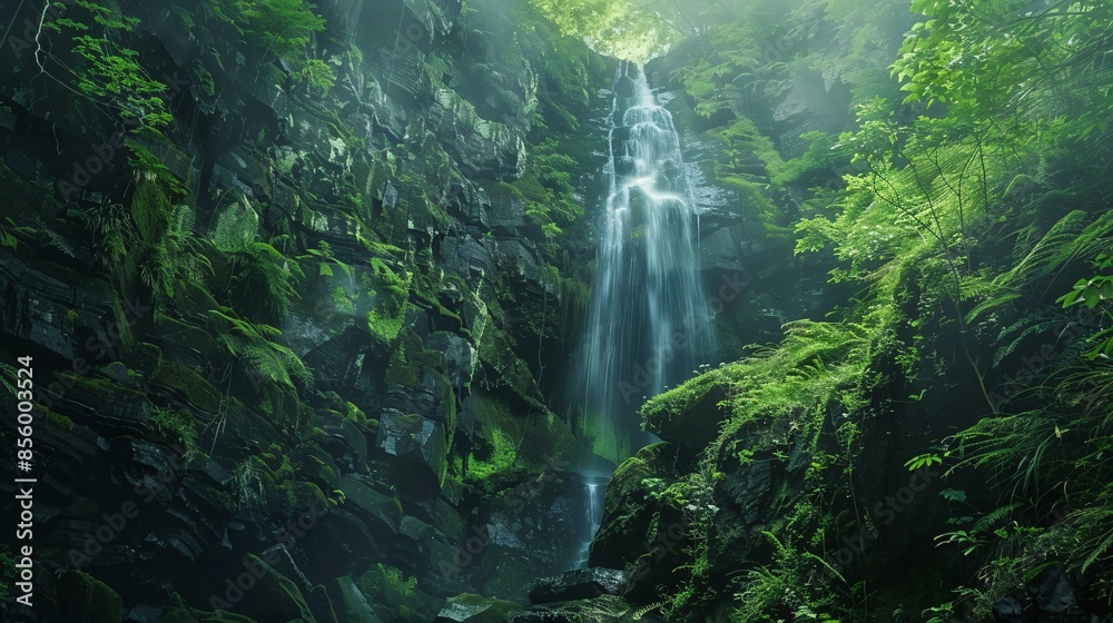 A remote, crystal-clear waterfall cascading down a mossy cliff face, hidden deep within an unexplored rainforest A remote, crystal-clear waterfall cascading down a mossy cliff face, hidden deep within an unexplored rainforest