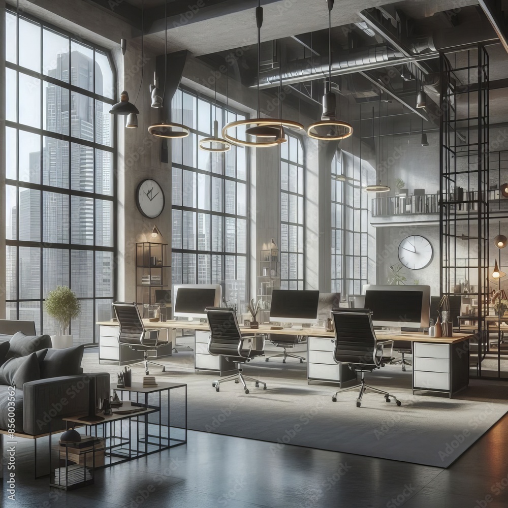 Modern office interior in loft, industrial style, 3d render illustrations vector generative ai Modern office interior in loft, industrial style, 3d render illustrations vector generative ai