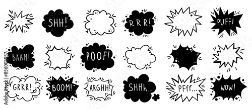 Comic freehand bubbles explosion bomb splash boom cloud hand drawn set collection