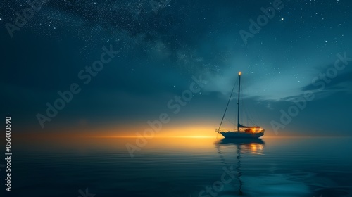 Sailboat at sea during a starry night, minimalist and tranquil ambiance, reflecting the serenity of the moment photo