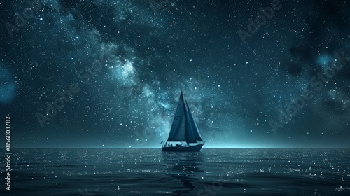 Sailboat gliding under a starry sky, minimalist ambiance, tranquil night at sea, serene and calm scene photo
