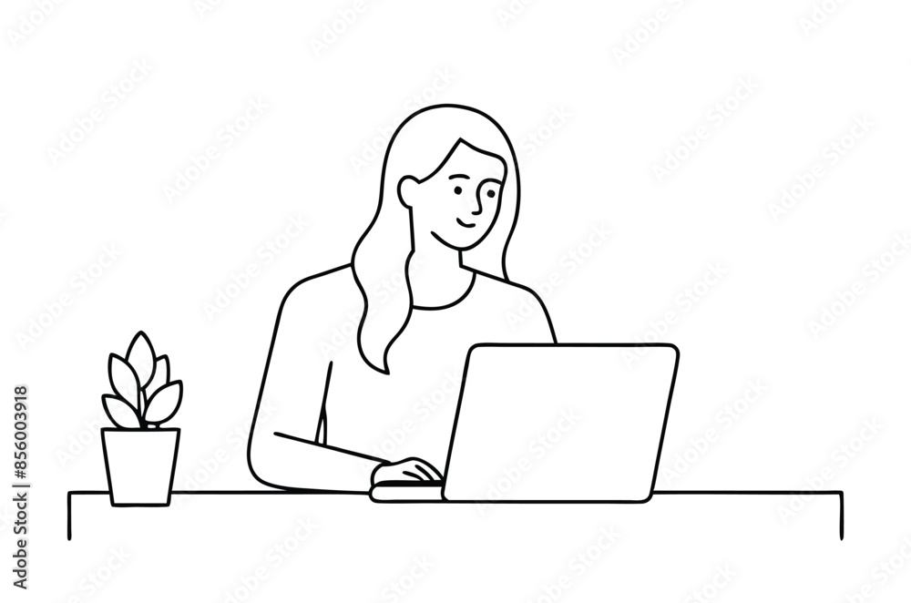 Woman using laptop computer, Vector drawing of woman with laptop continuous line art Woman using laptop computer, Vector drawing of woman with laptop continuous line art