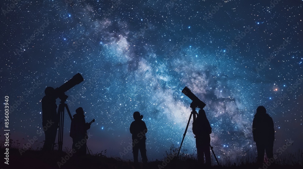 Fototapeta premium Silhouetted scientists observing the starry night sky with telescopes, the Milky Way prominent, creating an atmospheric and raw scene