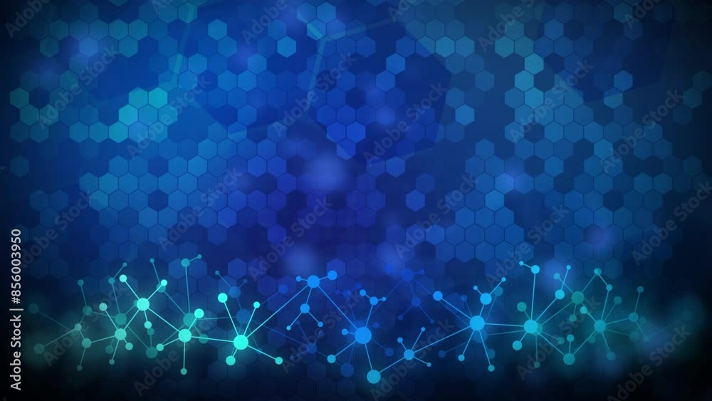 Dark hexagon abstract technology or science loop background. Hi tech blue glow molecule grid. Loop animation. Copy space.