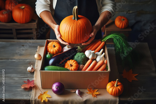 packing vegetables into a cardboard box on a table. pumpkins, eggplants, garlic bulbs, and carrots, autumn harvest ambiance photo