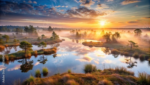 Misty sunrise over a bog landscape with lakes and marshes, sunrise, bog, landscape, misty, marsh, lakes, nature, environment