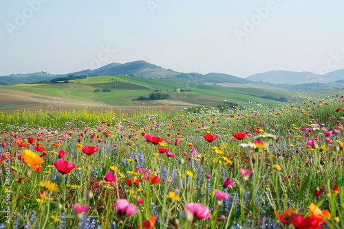 A vibrant wildflower field set against gently rolling hills under a clear sky © Venka