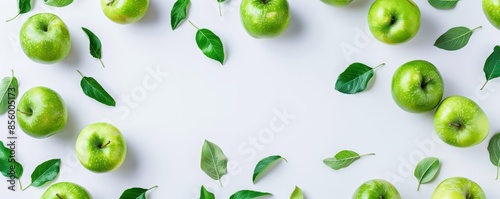 Wallpaper Mural A row of green apples with leaves surrounding them. The apples are arranged in a circle, with some overlapping and others standing alone. The leaves are green and add a natural touch to the image.  Torontodigital.ca