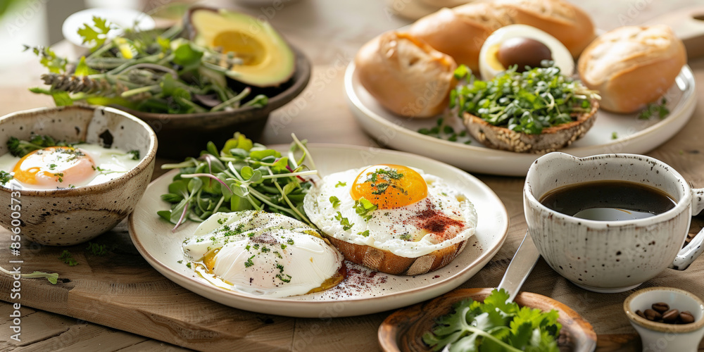 Elegant brunch setup with avocado toast poach Elegant brunch setup with avocado toast poach