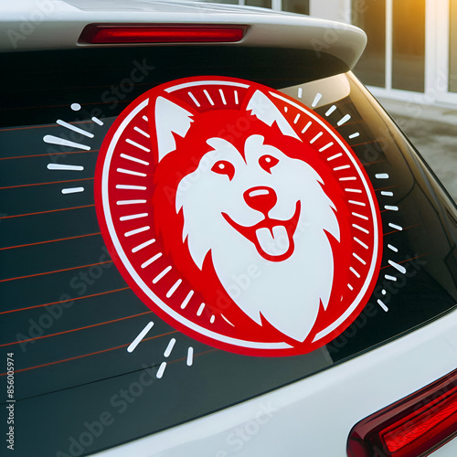 A red logo of the red dog with white background on  the back glass of car.