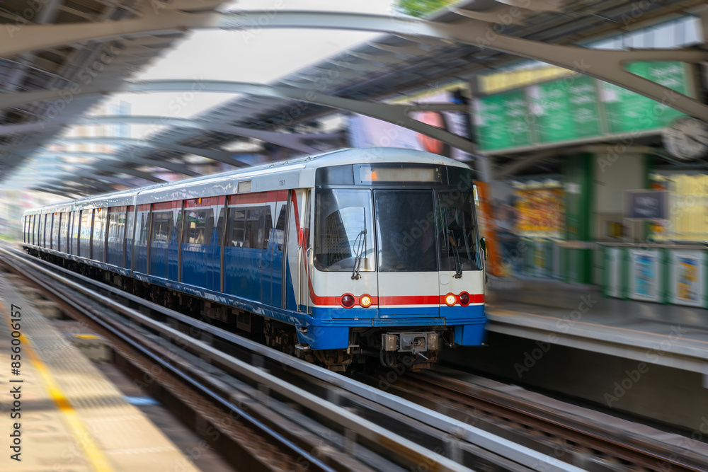 BKK BTS Bangkok Mass Transit System Sky train which is an elevated tram over the busy streets oh BKK Thailand BKK BTS Bangkok Mass Transit System Sky train which is an elevated tram over the busy streets oh BKK Thailand