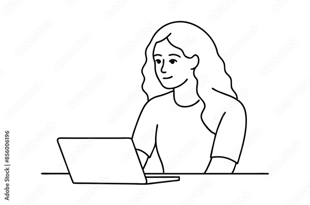 Woman using laptop computer, Vector drawing of woman with laptop continuous line art Woman using laptop computer, Vector drawing of woman with laptop continuous line art