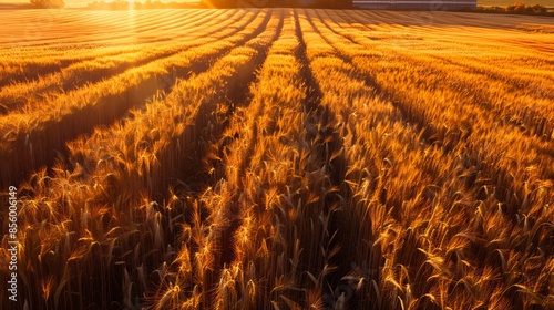 Golden wheat fields stretch to the horizon, while towering warehouses cast long shadows in the morning light, a breathtaking sight.