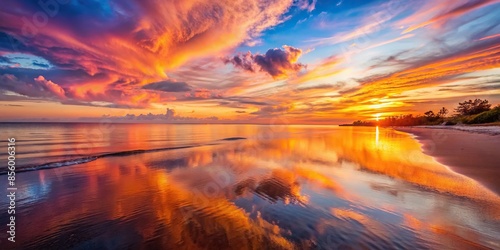 Vibrant orange and pink hues reflected in calm water during a majestic sunset over a tranquil beach, sunset, glory, vibrant, orange