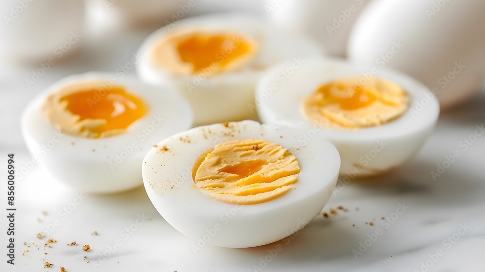 A photo of several hardboiled eggs, cut in half and placed on white background. The egg yolk is visible inside the shell. A photo of several hardboiled eggs, cut in half and placed on white background. The egg yolk is visible inside the shell.