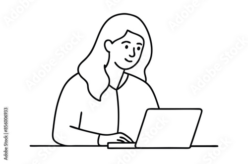 Woman using laptop computer, Vector drawing of woman with laptop continuous line art