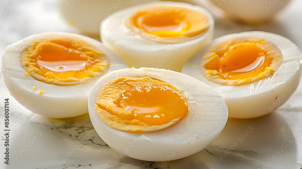 A photo of several hardboiled eggs, cut in half and placed on white background. The egg yolk is visible inside the shell. A photo of several hardboiled eggs, cut in half and placed on white background. The egg yolk is visible inside the shell.