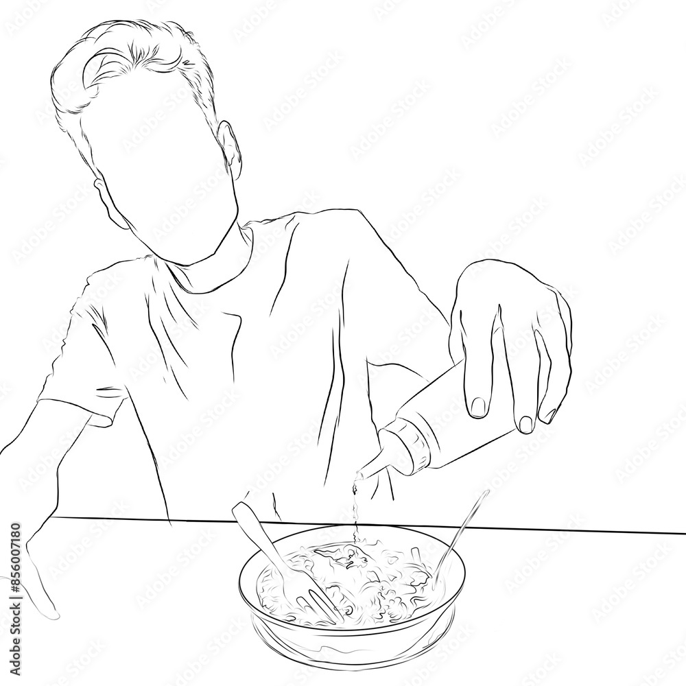 sketch of a man eating chicken noodles on a white background sketch of a man eating chicken noodles on a white background