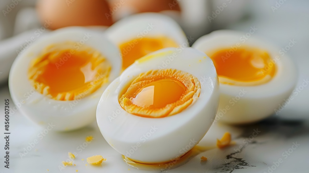 A photo of several hardboiled eggs, cut in half and placed on white background. The egg yolk is visible inside the shell. A photo of several hardboiled eggs, cut in half and placed on white background. The egg yolk is visible inside the shell.