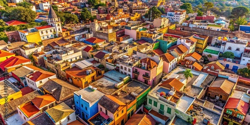 Aerial view of a bustling town with colorful rooftops and busy streets, urban, cityscape, buildings © joompon