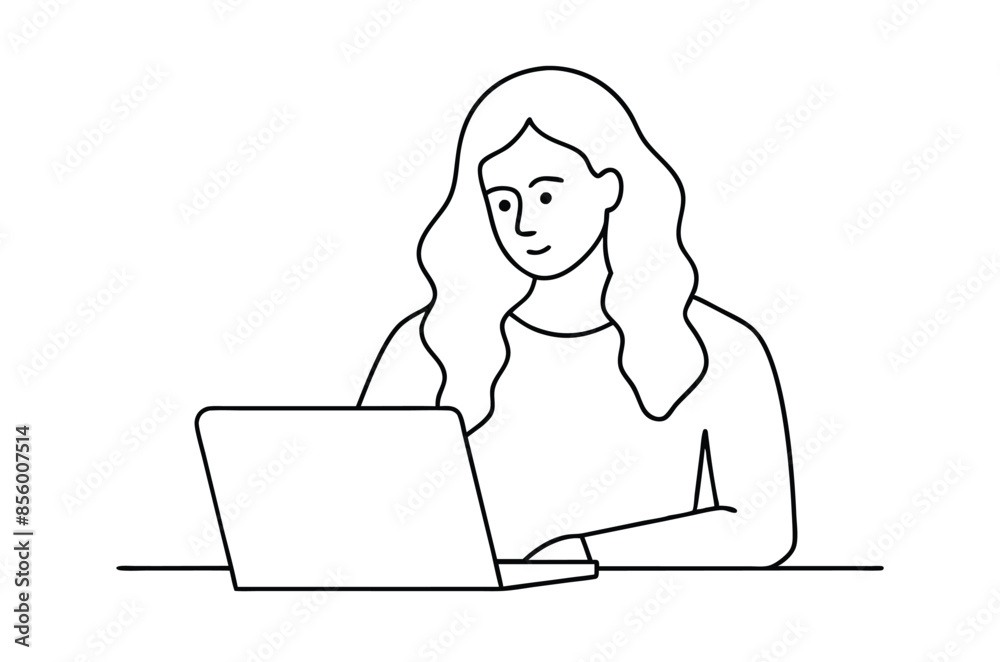 Woman using laptop computer, Vector drawing of woman with laptop continuous line art Woman using laptop computer, Vector drawing of woman with laptop continuous line art