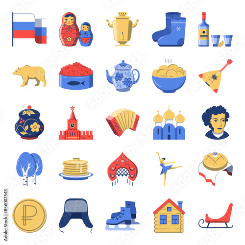 Russian national symbols icon set