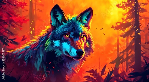 A colorful digital portrait of a majestic wolf made in bright warm and gradient colors