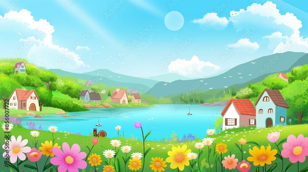 Fototapeta premium Small village with flowers by the beautiful lake, vector illustration style