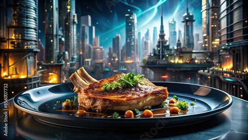 Porkchop main course served in a cyberpunk future setting, pork, porkchop, meat, food, dish, futuristic, urban, cityscape photo