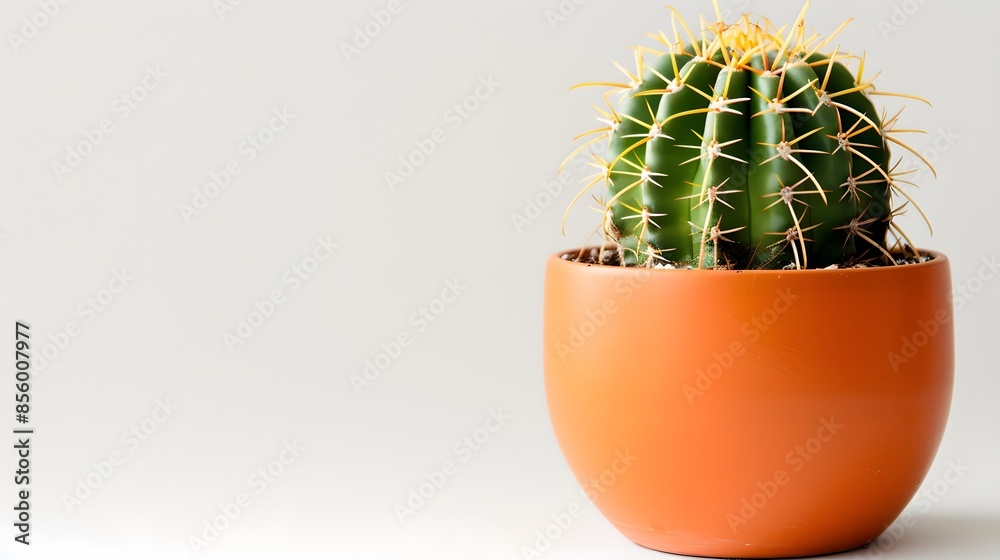 A single cactus in an orange pot on white background, copy space concept, wide angle lens natural lighting. A single cactus in an orange pot on white background, copy space concept, wide angle lens natural lighting.