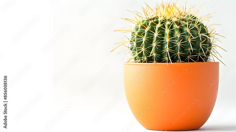 A single cactus in an orange pot on white background, copy space concept, wide angle lens natural lighting. A single cactus in an orange pot on white background, copy space concept, wide angle lens natural lighting.