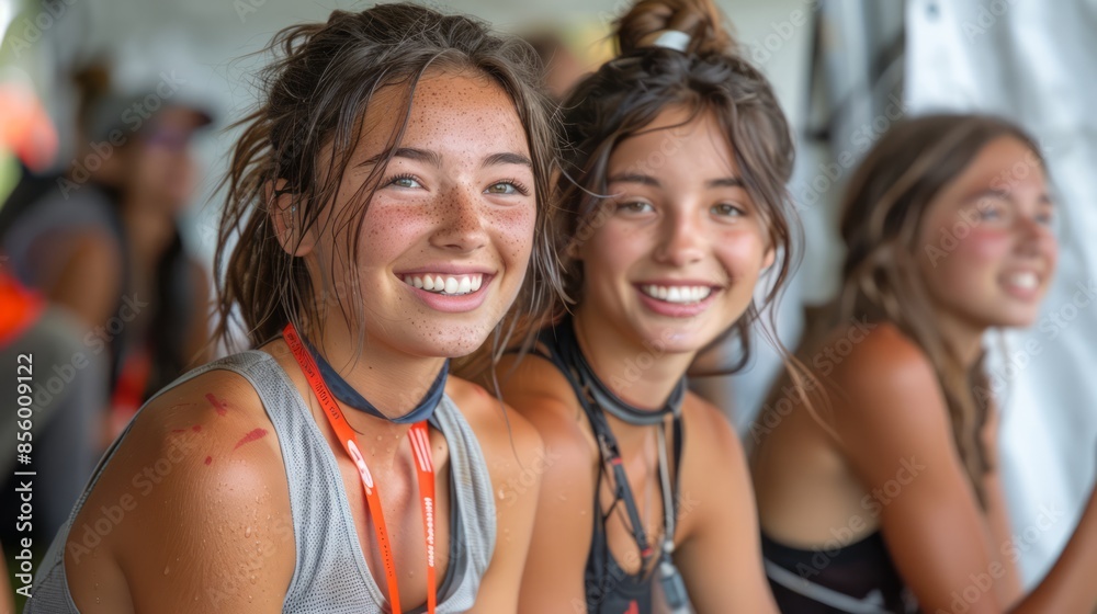 The running team members sat together, catching their breath, exchanging joyful smiles and words of congratulations after their triumphant race. The running team members sat together, catching their breath, exchanging joyful smiles and words of congratulations after their triumphant race.