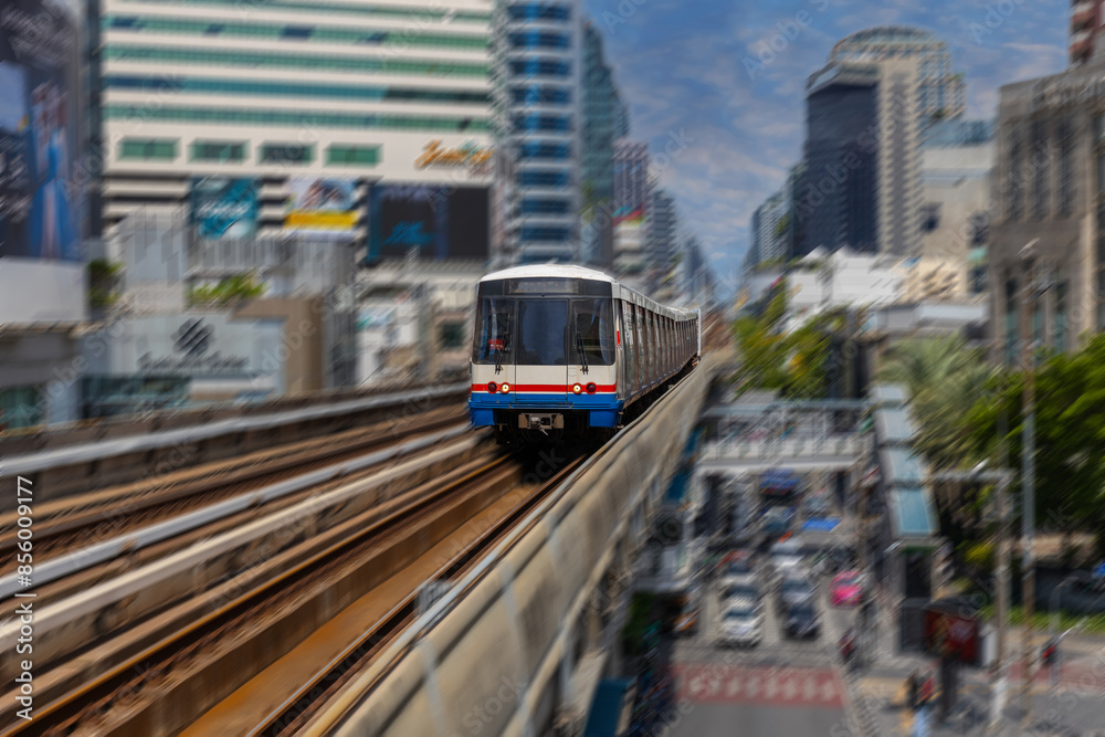 BKK BTS Bangkok Mass Transit System Sky train which is an elevated tram over the busy streets oh BKK Thailand BKK BTS Bangkok Mass Transit System Sky train which is an elevated tram over the busy streets oh BKK Thailand