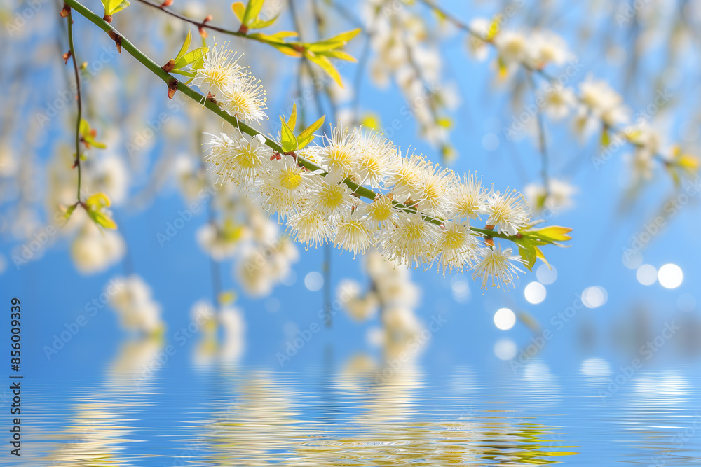 Close-up of tree branches with blossoming flowers hanging over the water. Nature, seasons. Weather. Wallpaper. Close-up of tree branches with blossoming flowers hanging over the water. Nature, seasons. Weather. Wallpaper.