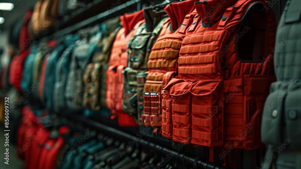This Row of Tactical Vests Hanging in Retail Store Display. Laser tag This Row of Tactical Vests Hanging in Retail Store Display. Laser tag