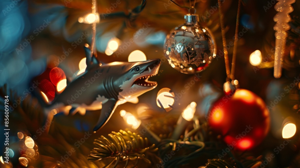 Festive Christmas Tree with Shark Ornament and Glowing Lights - Generative AI