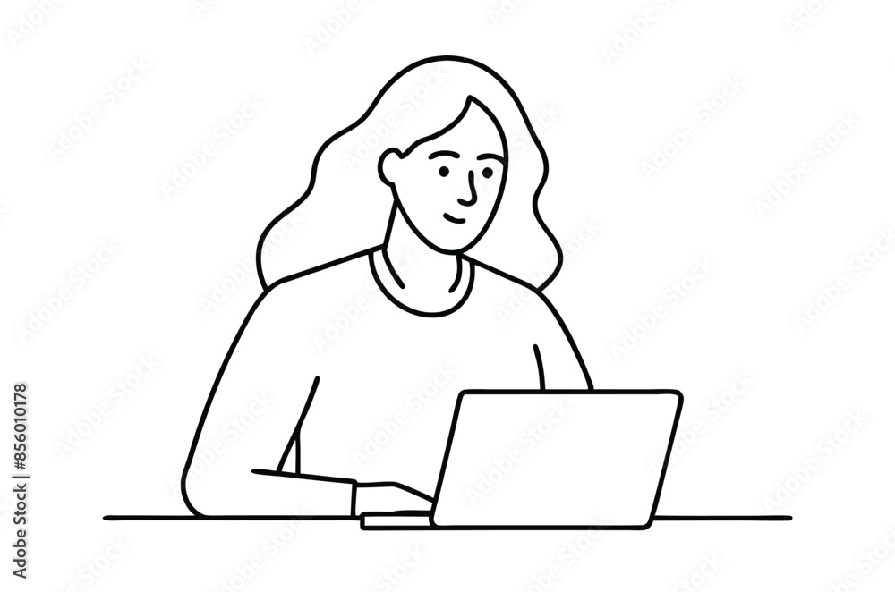 Woman using laptop computer, Vector drawing of woman with laptop continuous line art Woman using laptop computer, Vector drawing of woman with laptop continuous line art