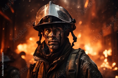 Portrait of a fireman in uniform and helmet on fire background © Berezhna_Iuliia