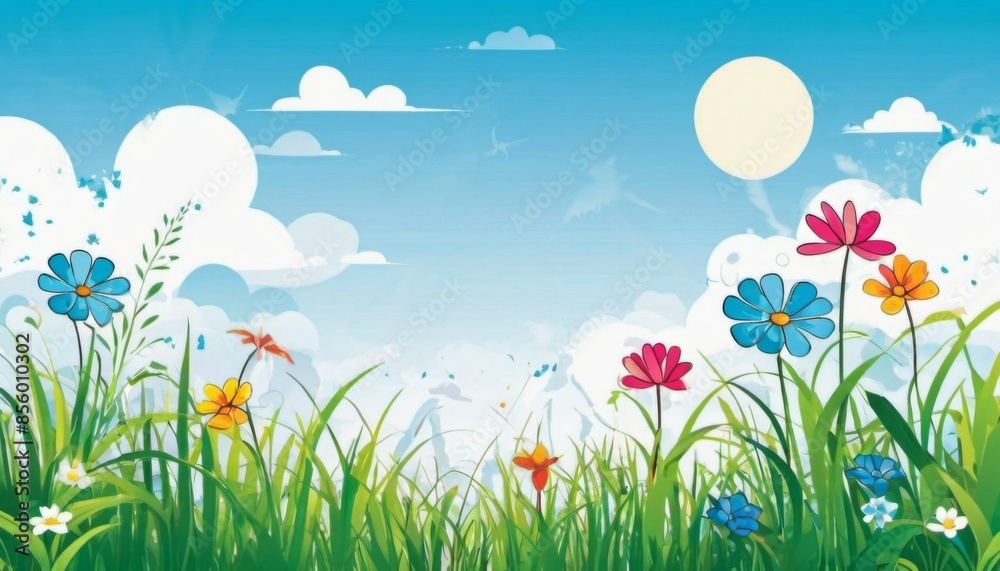 blooming meadow in summer. summer time. hills and blue sky illustration. Generative aio blooming meadow in summer. summer time. hills and blue sky illustration. Generative aio