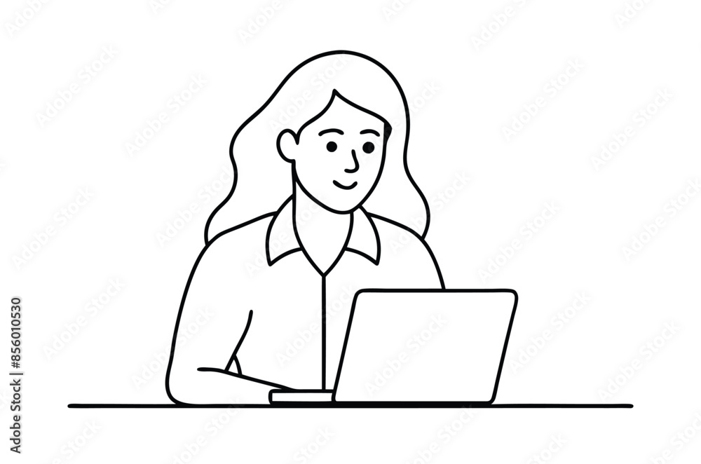 Woman using laptop computer, Vector drawing of woman with laptop continuous line art Woman using laptop computer, Vector drawing of woman with laptop continuous line art
