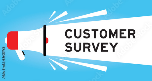 Color megaphone icon with word customer survey in white banner on blue background