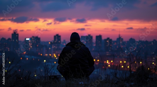 Desolate image of a lone homeless person's silhouette against a city skyline at dusk. © BMMP Studio